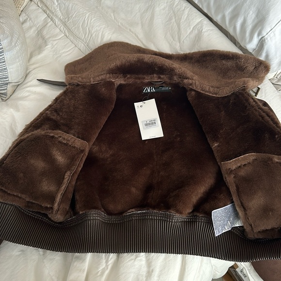 Zara double faced jacket aviator bomber coat faux fur suede brown XS 6318/239 - Picture 16 of 16